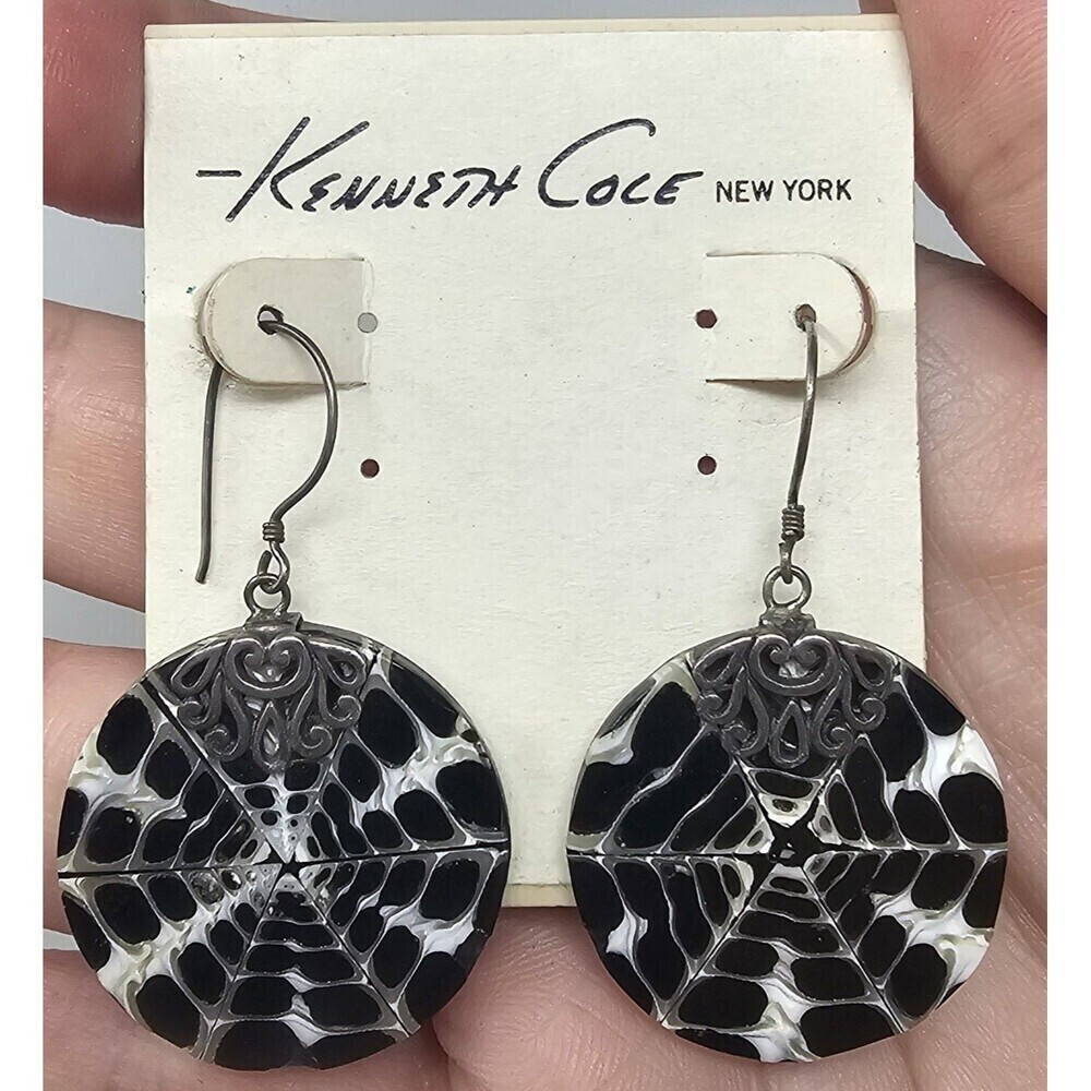 Kenneth Cole Silver Spider Web Design Black Coral Shell Dangle Earrings NEW